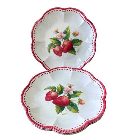 Summer Strawberry Melamine Dinner Plates 11in Set of 4 Scalloped Edge NEW - Picture 2 of 12